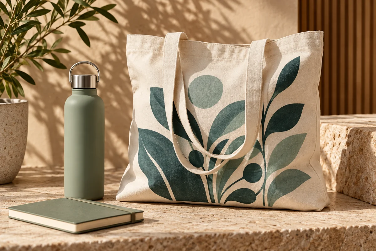 Túi canvas in họa tiết cùng bình và sổ trong bộ quà tặng