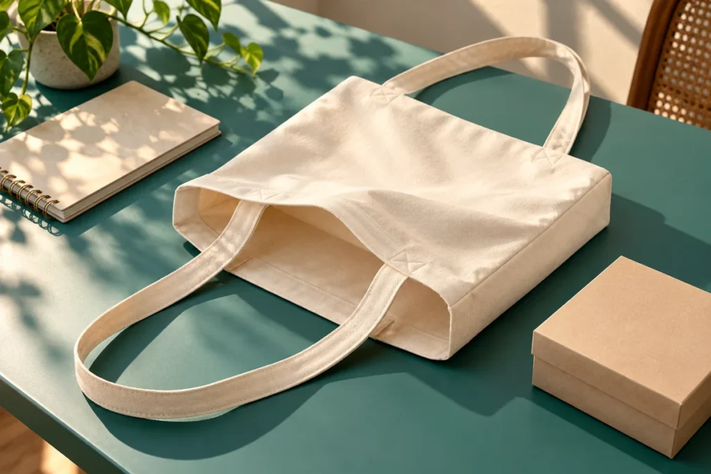 Túi canvas trải trên bàn cạnh sổ và hộp quà